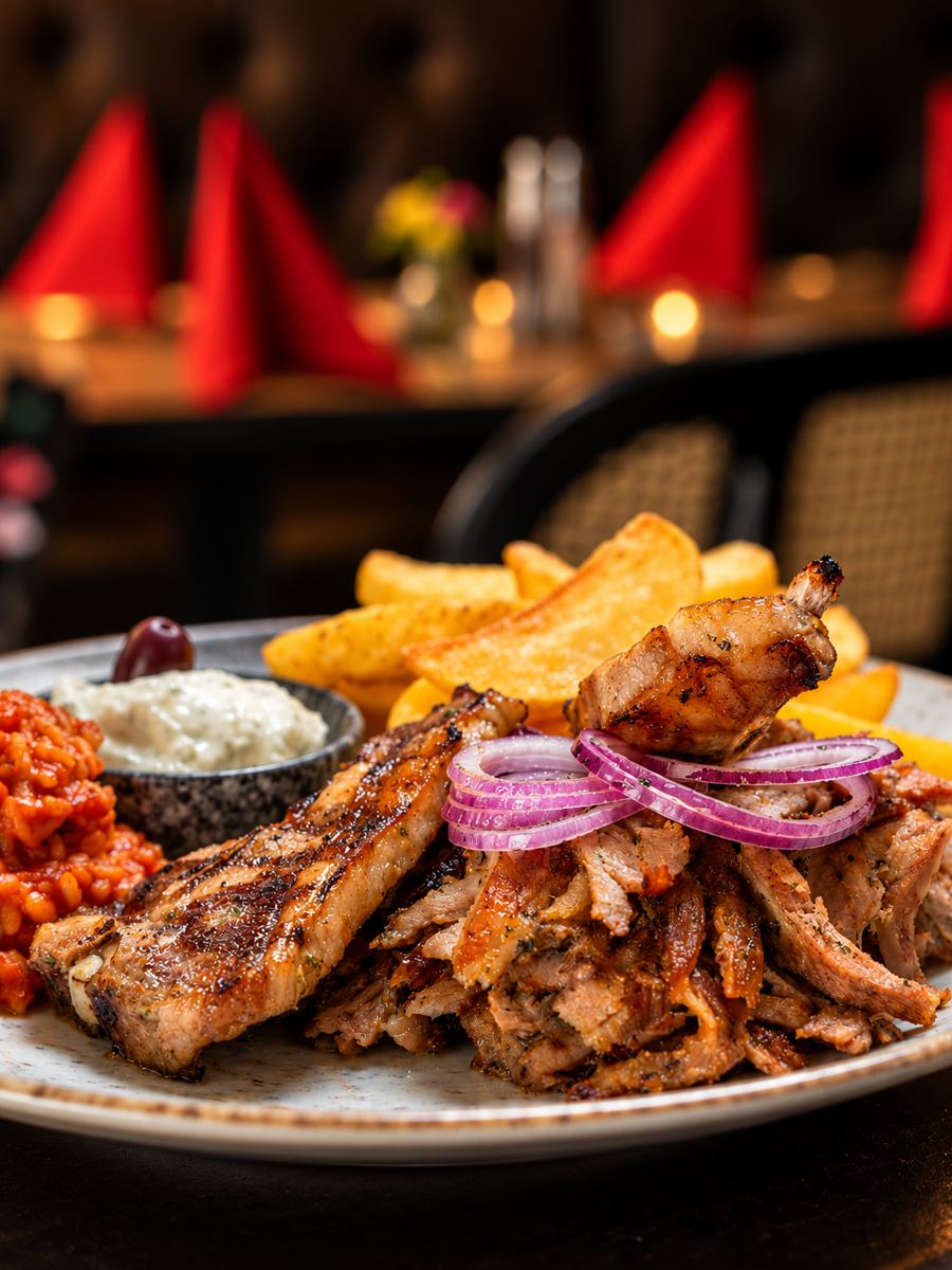 Grillteller mit Gyros, Hähnchen, Pommes, Tzatziki und Tomatenreis